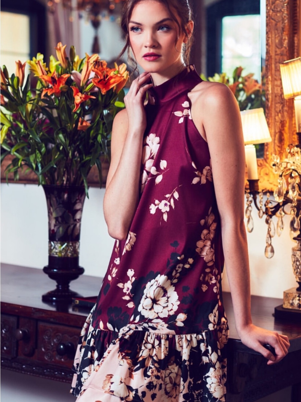 Badgley Mischka Wine  Floral High-Neck Dress                     Originally $239